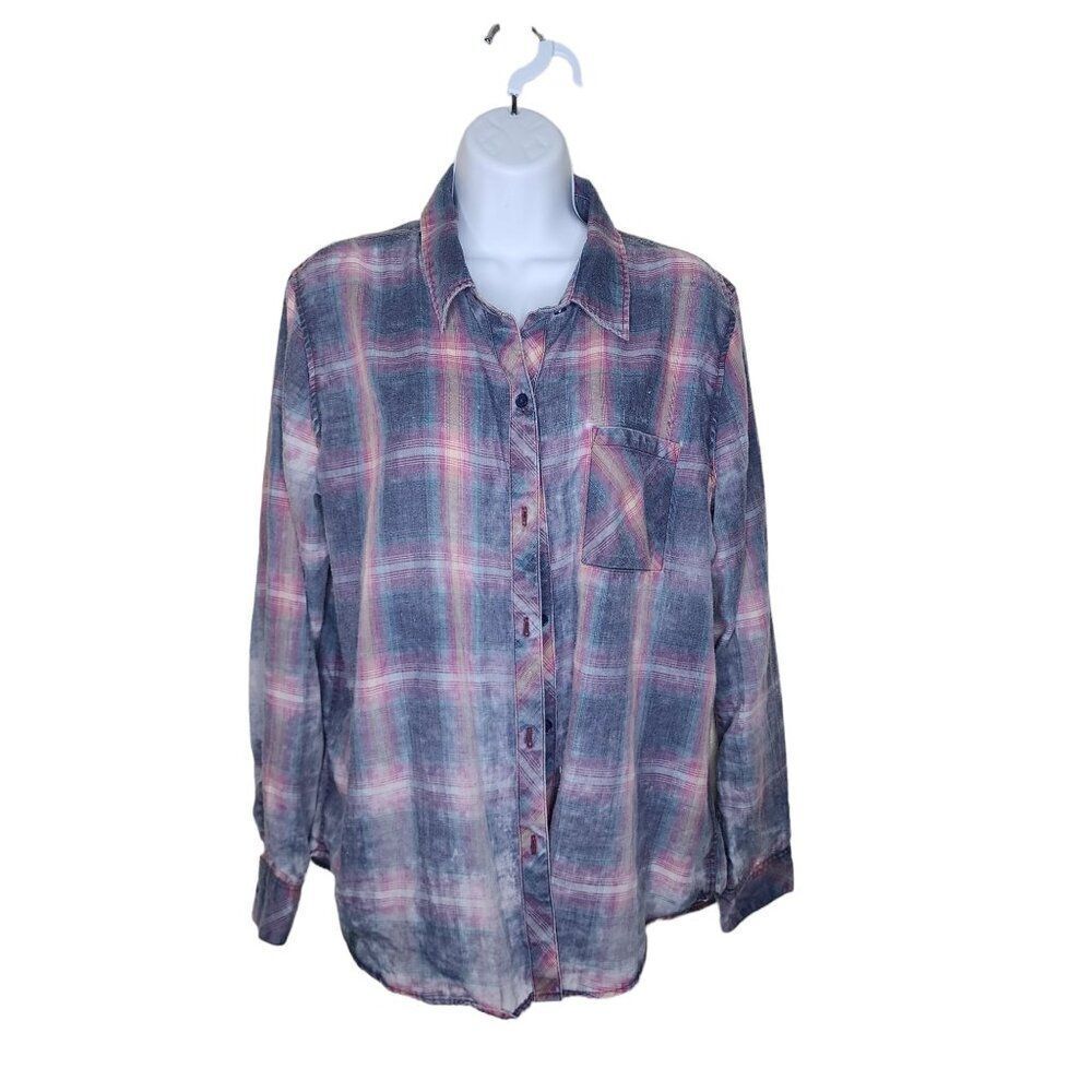 Rails Long Sleeve Plaid Button Down Shirt Grunge Womens Size L Pink and Blue